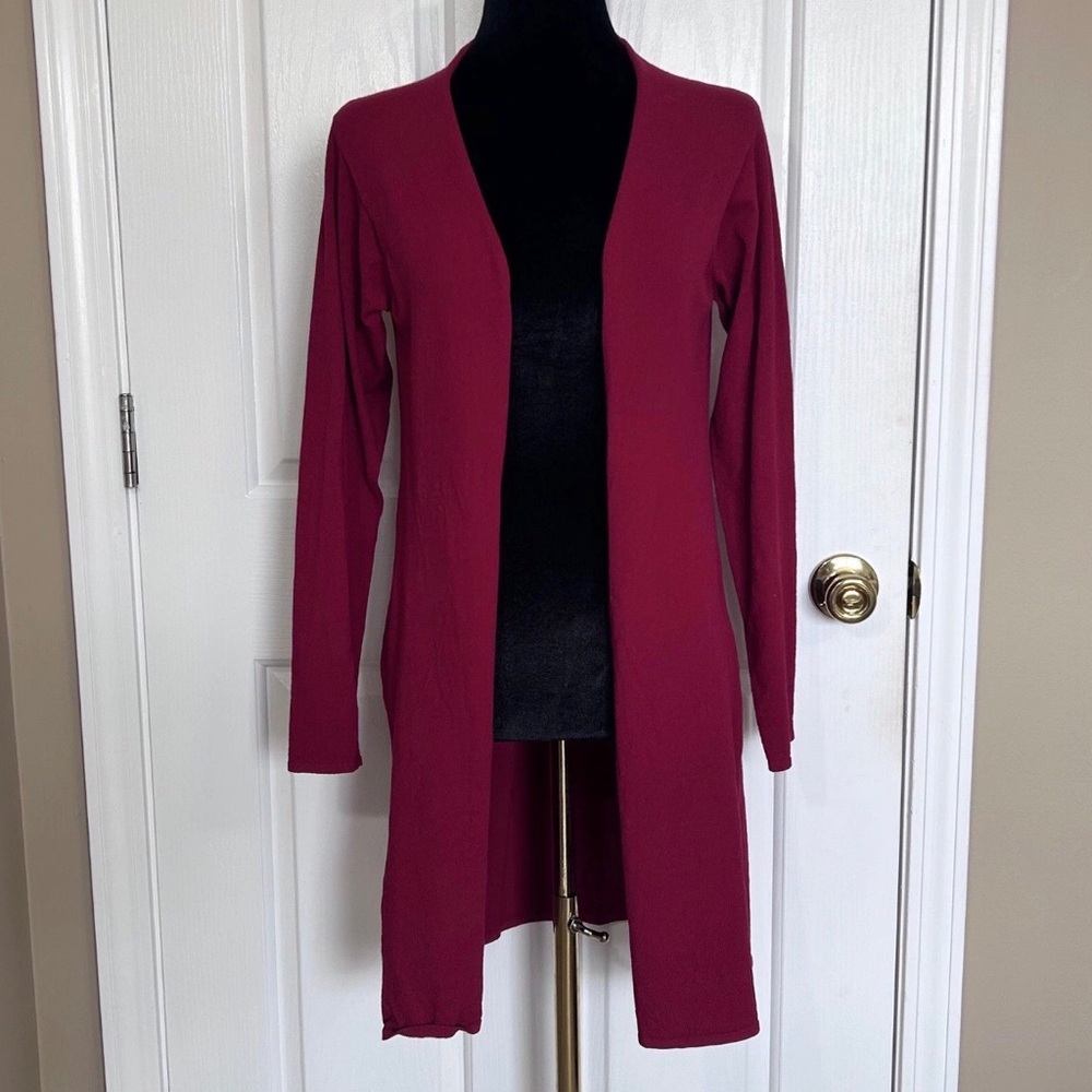 Eileen Fisher Open-Front Long Cardigan in Wine Red